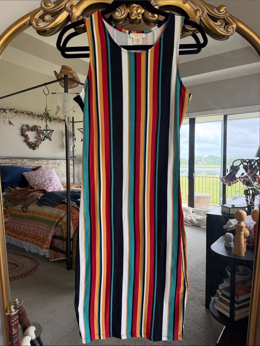 Yelete Sleeveless Midi Dress with Red, Teal, Mustard, Black, White Stripes